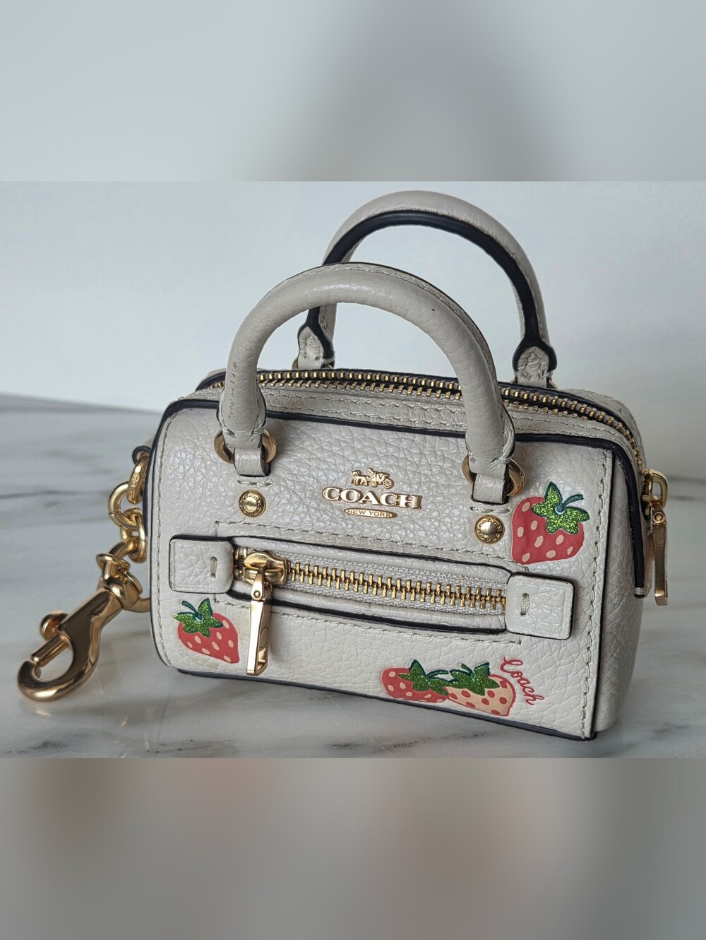 Coach Mini Satchel Keychain in Light Gray with Strawberry Motif